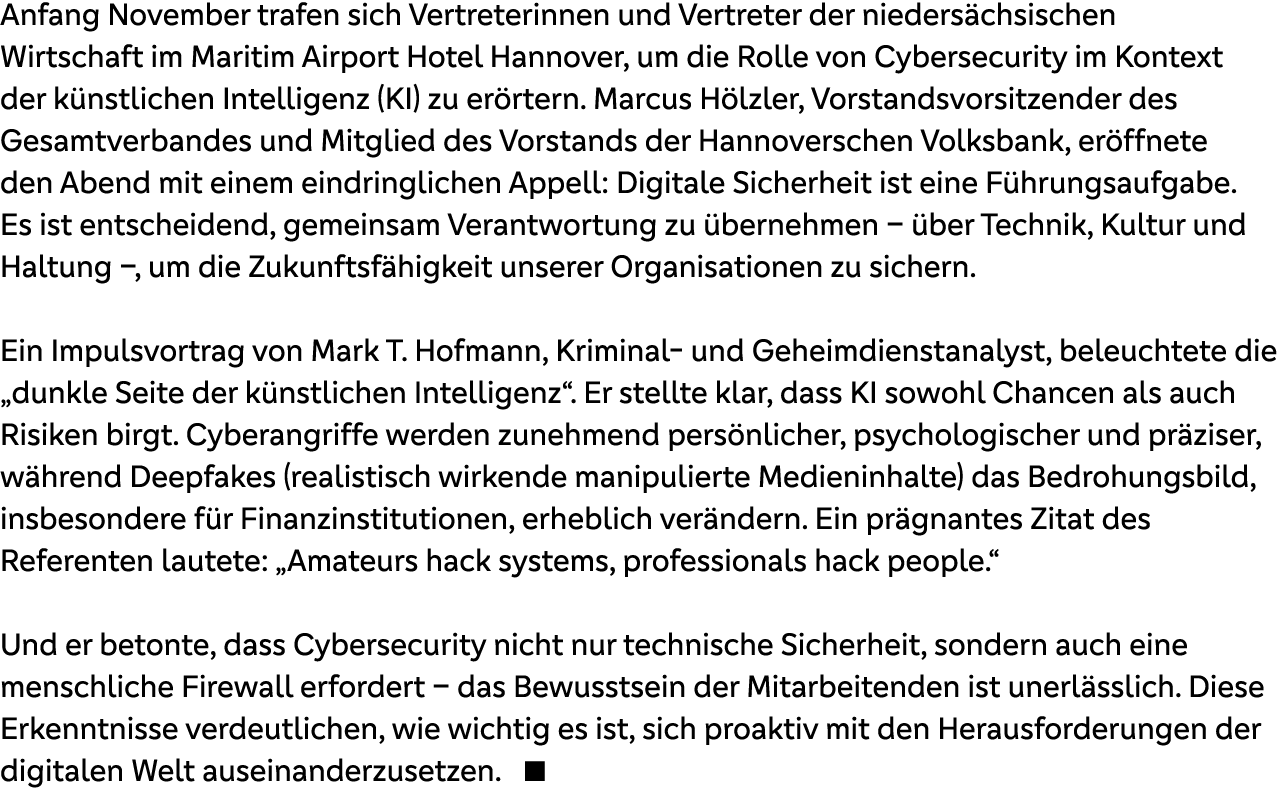 Anfang November trafen sich Vertreterinnen und Vertreter der nieders chsischen Wirtschaft im Maritim Airport Hotel Ha...