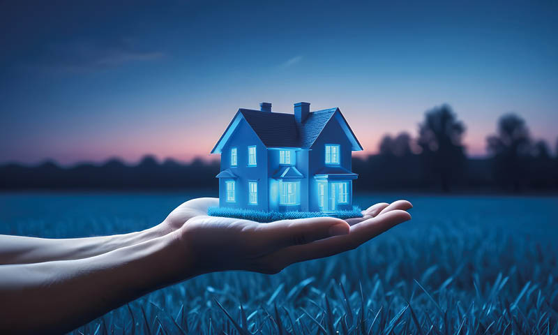Concept of buying or building new home Male hand showing offering a new dream house at the empty field
