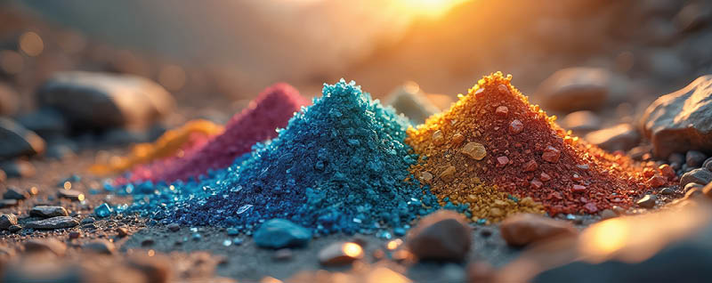 Colorful piles of crushed minerals and rocks in bright hues, possibly rare earth elements lie on the ground under warm sunlight. The scene suggests raw materials for technology and energy production.