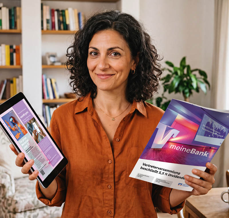 In einem gem tlichen, gro z gigen Wohnzimmer mit B cherregal im Hintergrund steht eine dunkelhaarige, lockige Frau mittleren Alters. In der linken Hand h lt sie die gedruckte Ausgabe der aktuellen meineBank 2/2026 und in der rechten Hand ein iPad mit einer digitalen Seite des Magazins. Neben ihr auf dem Tisch steht eine Kaffeetasse, sie tr gt eine orange farbene Bluse. Foto: Ulysses Erhardt (teilweise KI unterst tzt)