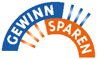 Der Schriftzug zeigt in einem halbkreisf rmigen Design die Worte Gewinn in Blau und Sparen in Orange mit passenden farbigen Strahlen dazwischen. Beschreibung von KI generiert