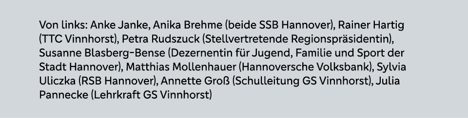 Von links: Anke Janke, Anika Brehme (beide SSB Hannover), Rainer Hartig (TTC Vinnhorst), Petra Rudszuck (Stellvertret...